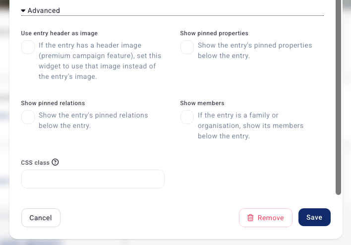 premium options on selected entry widget