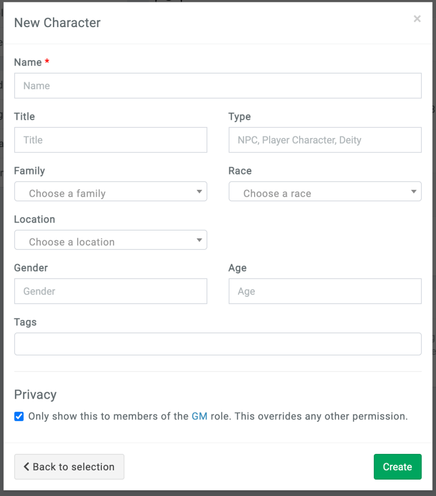 quick creator character screen