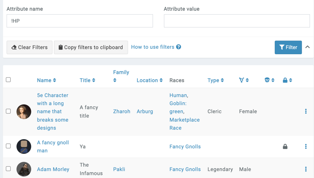 attribute filter exclude an attribute