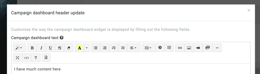 dashboard campaign header widget form