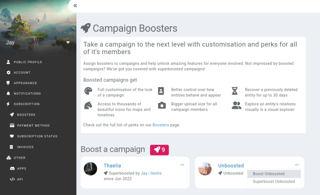 New interface for campaign boosters and boosted campaigns