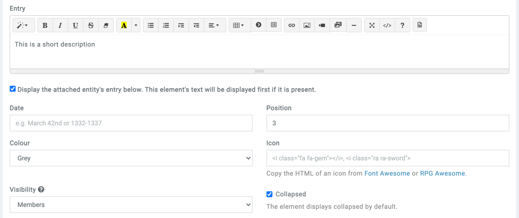 timeline element display entity text and collapsed
