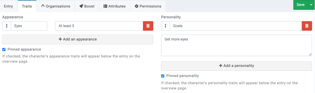 characters pin traits