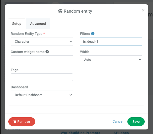 dashboards random widget filter