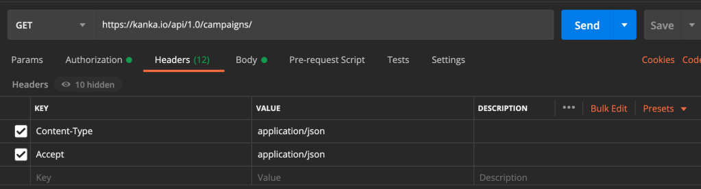 postman kanka api headers
